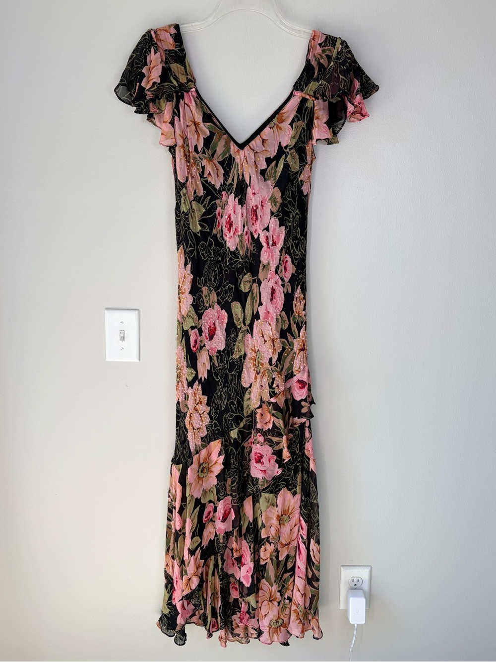 Vintage Eva Blue 90s Y2K Floral Chiffon Beaded Flowy Ruffle Maxi Dress